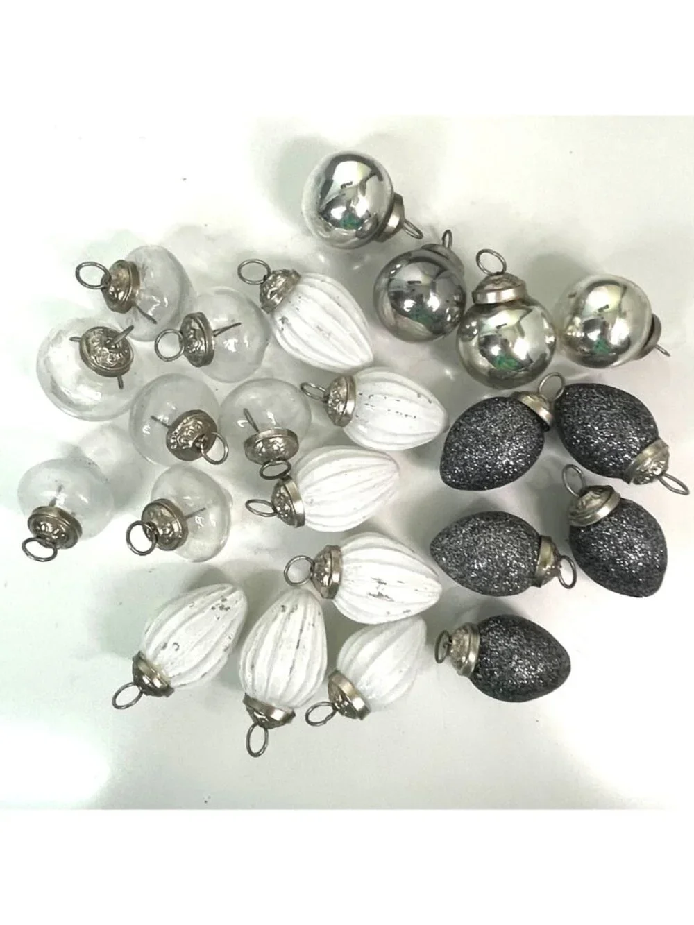 DOFT Mini Mercury Glass Christmas Ornaments Set White Silver Clear w/ Box Lid
